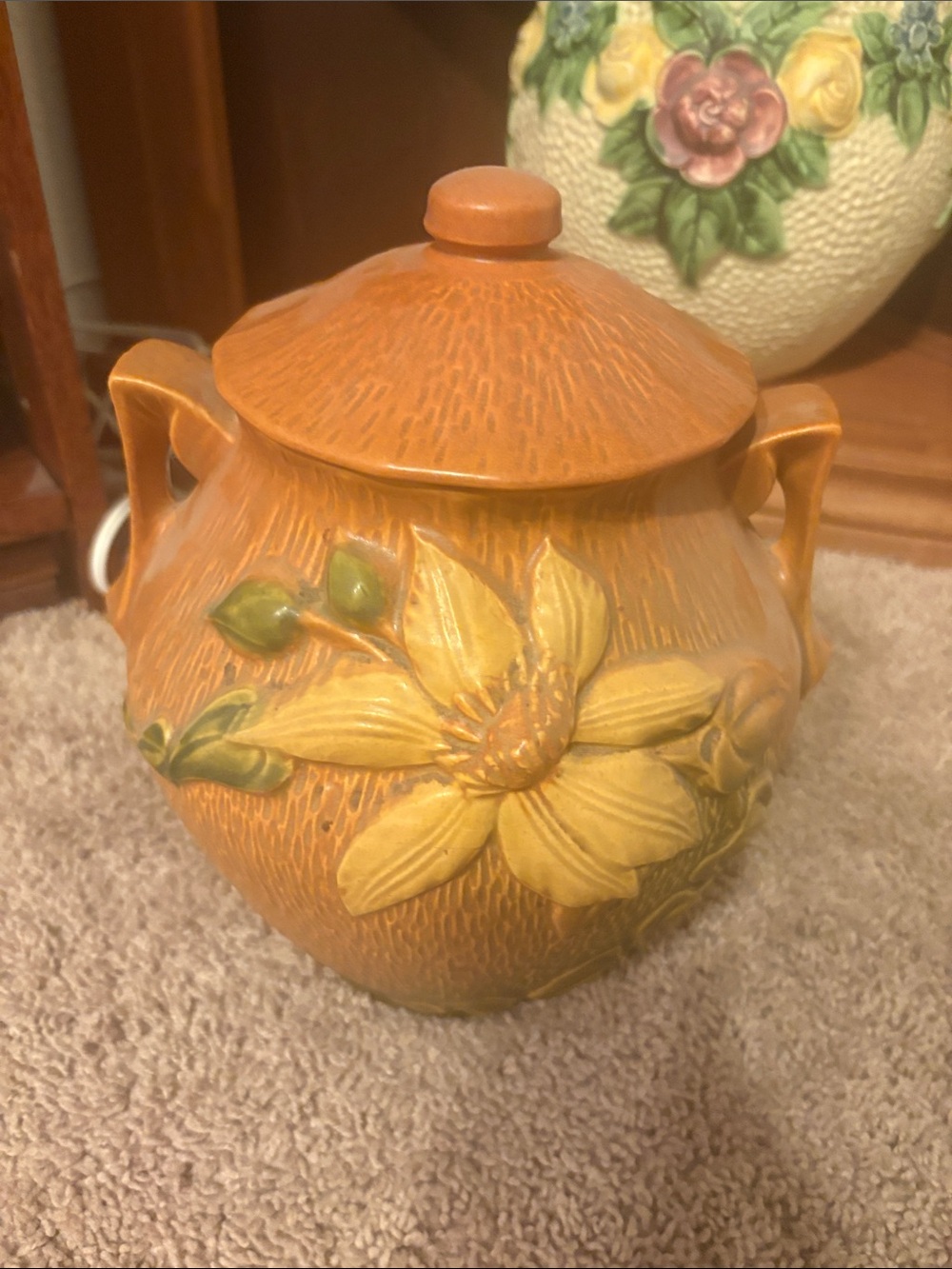 Vintage Floral Ceramic Lidded Jar in Warm Terracotta